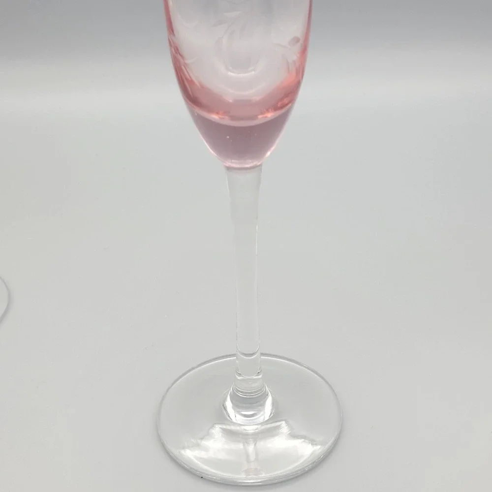 Vintage Block Crystal Champagne Flutes Pair Etched Pink‎ Amber Wedding New Years